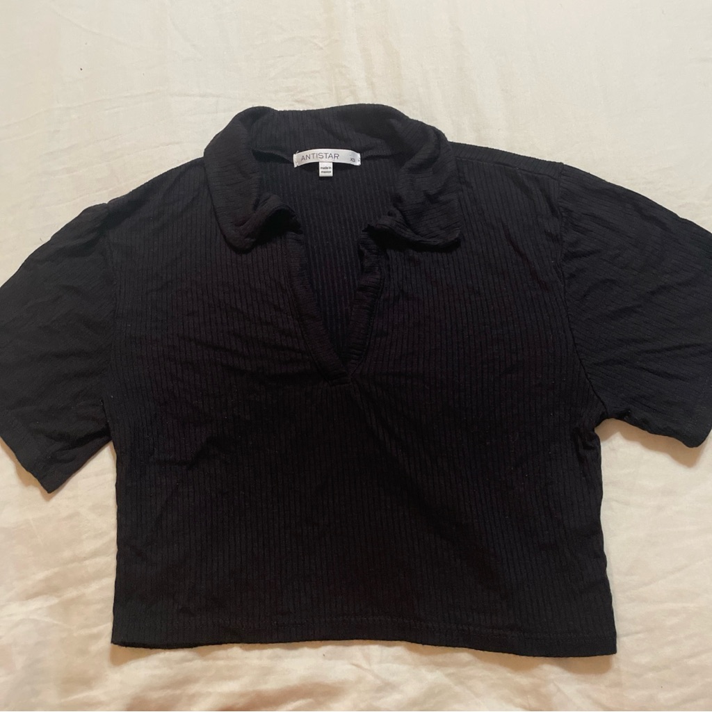 Antistar Black Ribbed Polo Short Sleeve Cropped Top Sz Xs